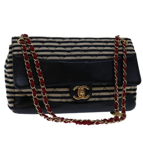 CHANEL Matelasse Chain Shoulder Bag Cotton White Navy CC Auth 69062A - Picture 1 of 16